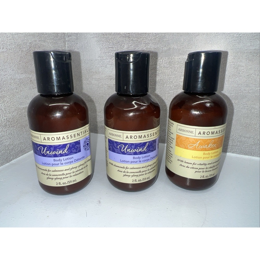 Lot Of 3 Arbonne Aromassentials 2- UNWIND 1- AWAKEN Body Lotion 2 oz